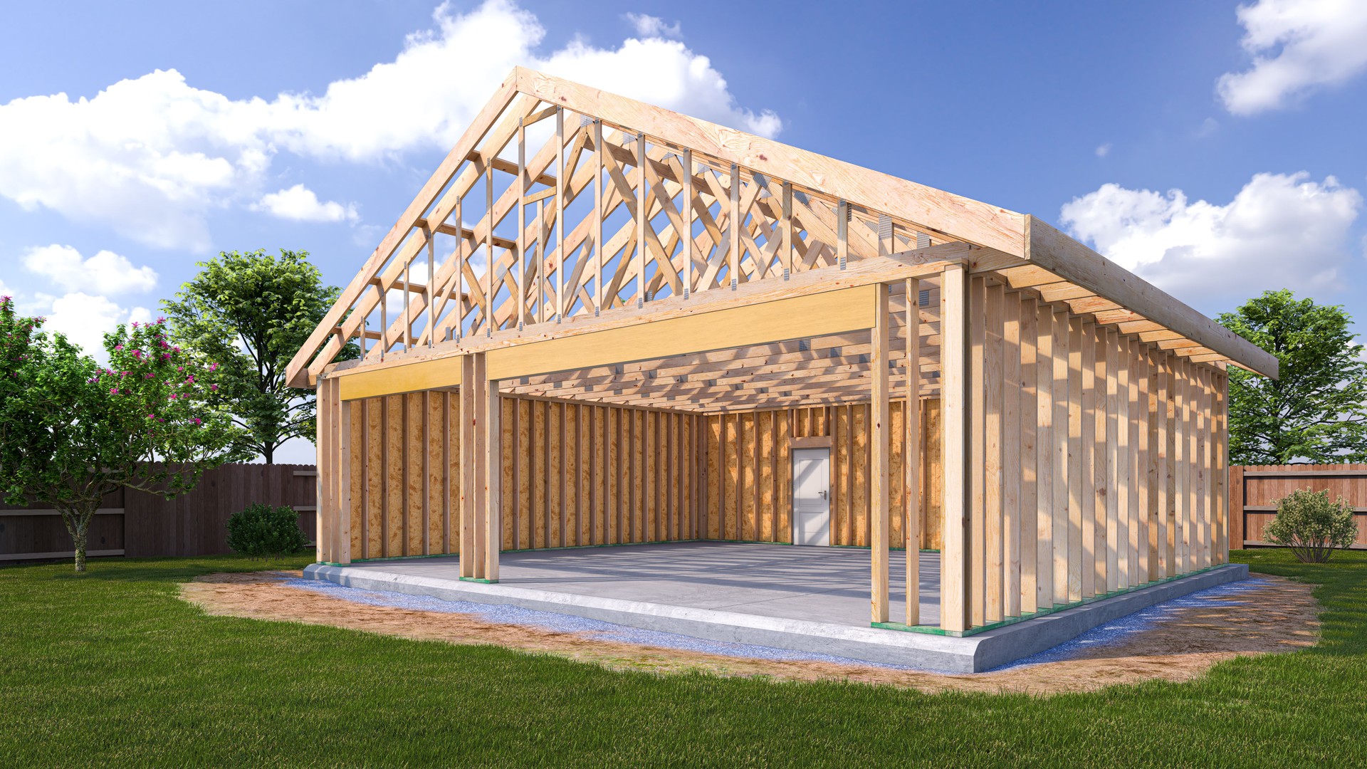Frame construction of the garage. 3d illustration